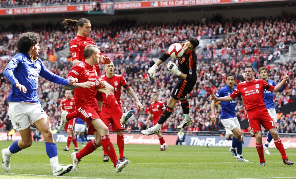 Liverpool039s Jones makes a save during their FA Cup semi-final soccer match against Everton in London
