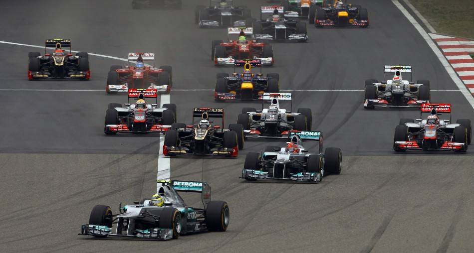 Mercedes Formula One driver Rosberg leads at the start of the Chinese F1 Grand Prix at Shanghai International circuit