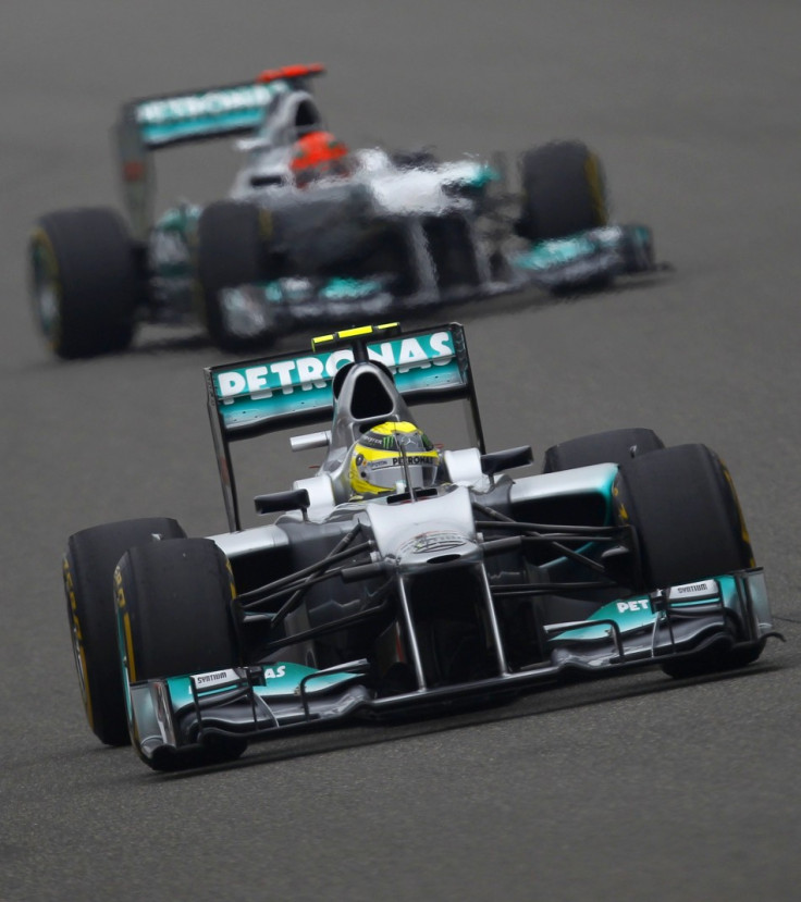 Mercedes' Nico Rosberg (in front) and Michael Schumacher