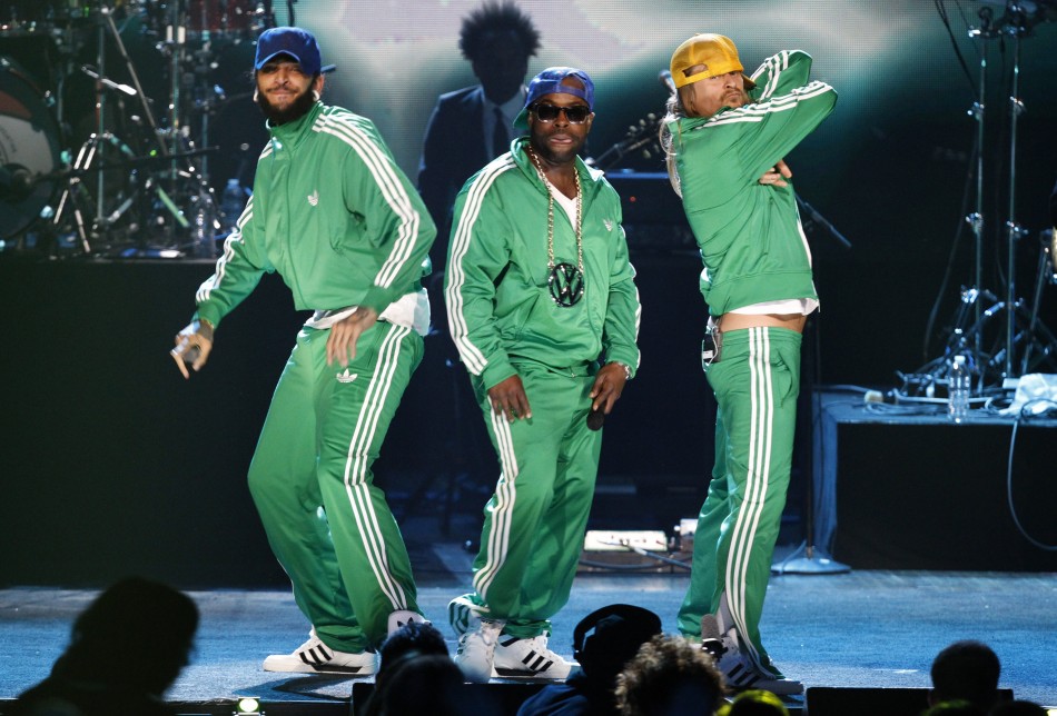 Kid Rock performs with Black Thought and Travie McCoy after the Beastie Boys were inducted into the Rock n Roll Hall of Fame in Cleveland, Ohio