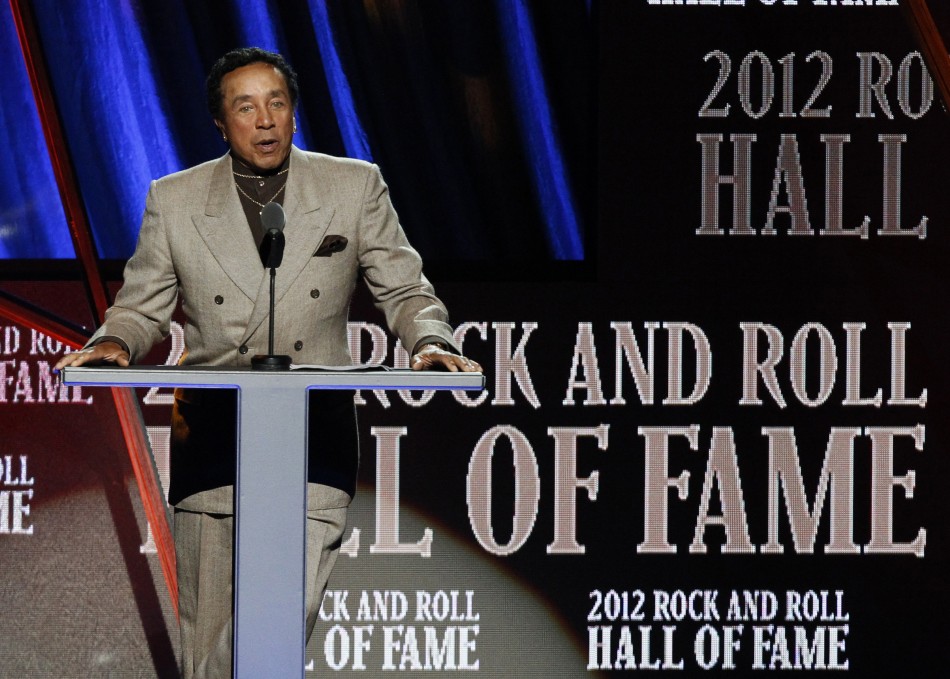 Smokey Robinson introduces his backup group The Miracles as they are inducted into the Rock n Roll Hall of Fame in Cleveland, Ohio