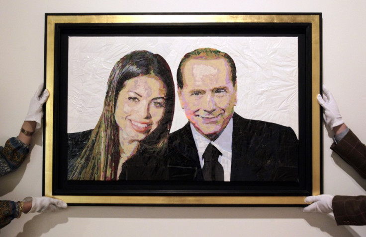 Former Italian Prime Minister Silvio Berlusconi with Moroccan dancer Karima el-Mahroug, aka Ruby the Heartstealer, in portrait made of bin bags