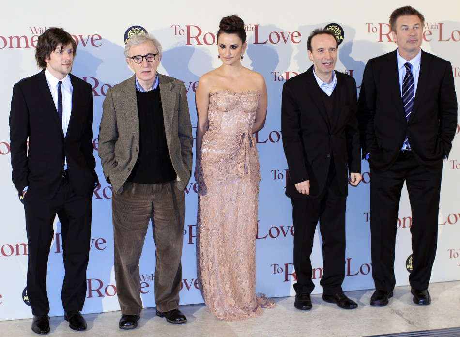 U.S. director Woody Allen and cast members pose during the premiere of the film quotTo Rome with Lovequot in Rome