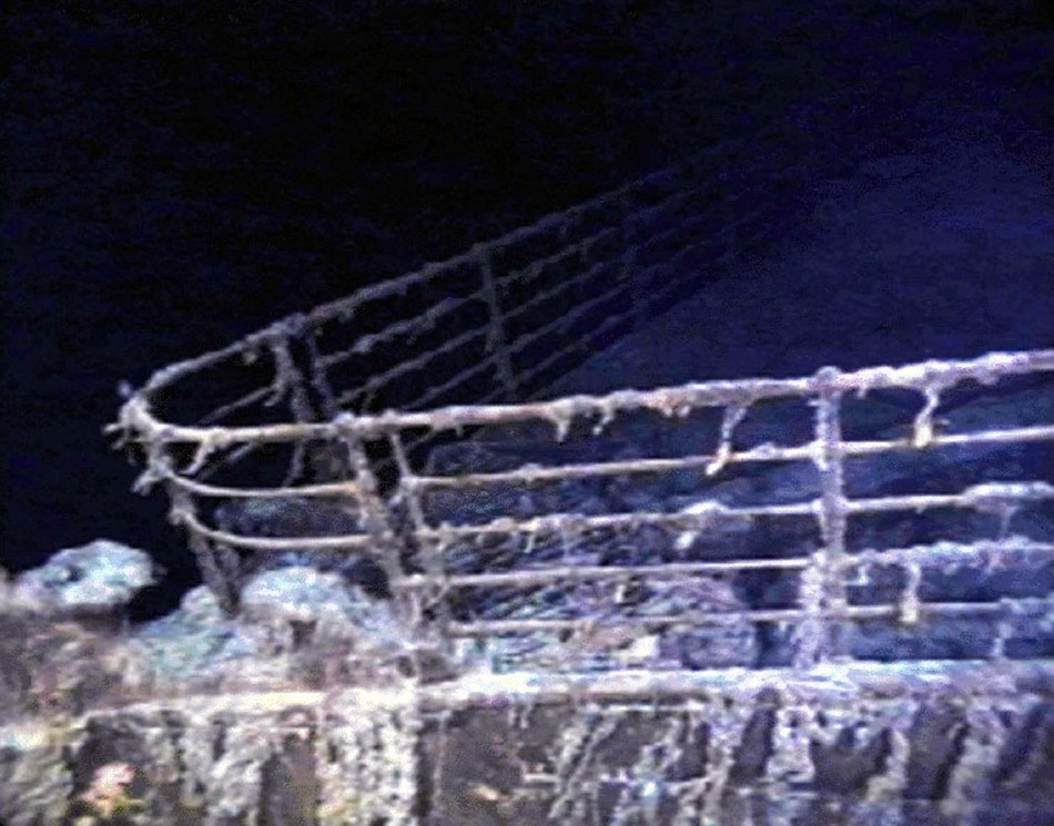 The port bow railing of the RMS Titanic lies in 12,600 feet of water about 400 miles east of Nova Scotia