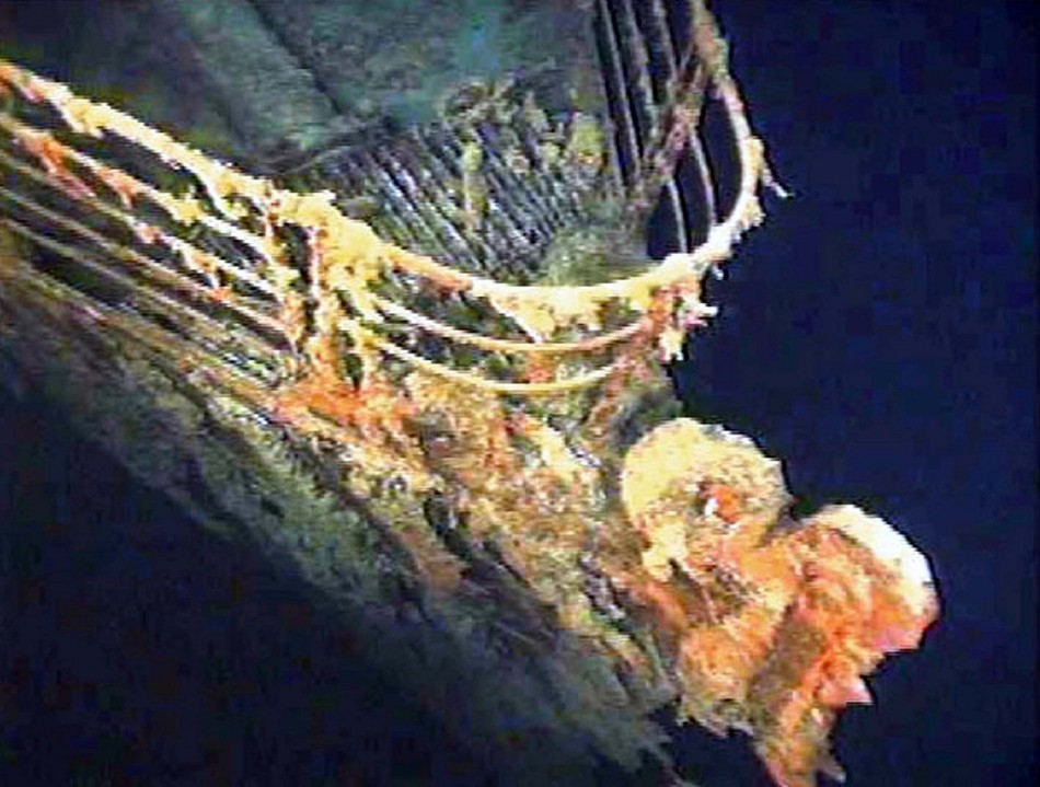 The port bow railing of the Titanic lies in 12,600 feet of water about 400 miles east of Nova Scotia