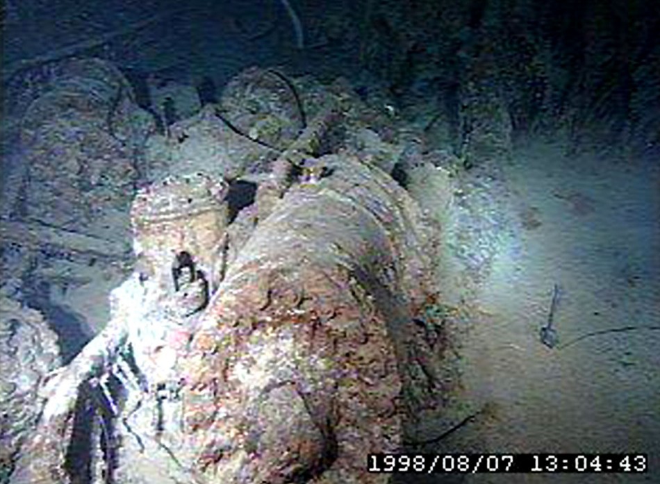 Wreckage from the Titanic lies on the bottom of the Atlantic Ocean as viewed