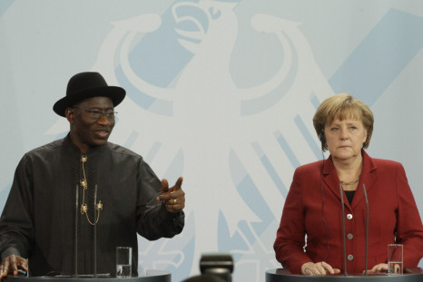 German Chancellor Angela Merkel and Nigerian President Goodluck Jonathan address media following talks in Berlin