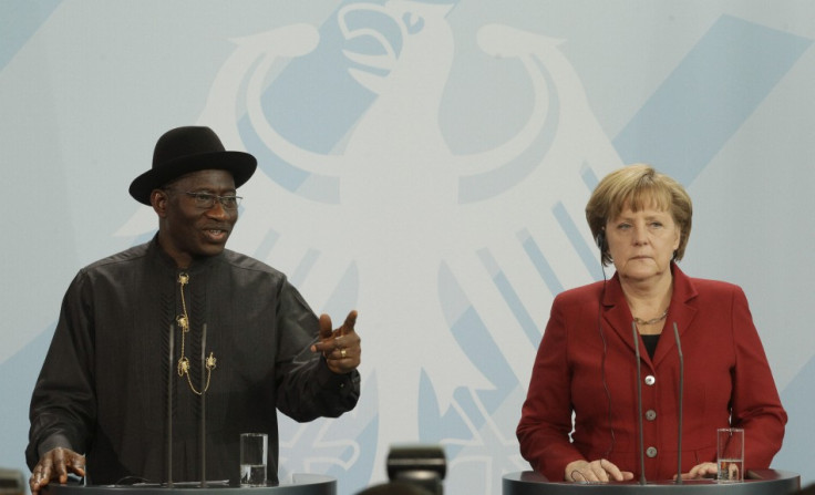 German Chancellor Angela Merkel and Nigerian President Goodluck Jonathan address media following talks in Berlin