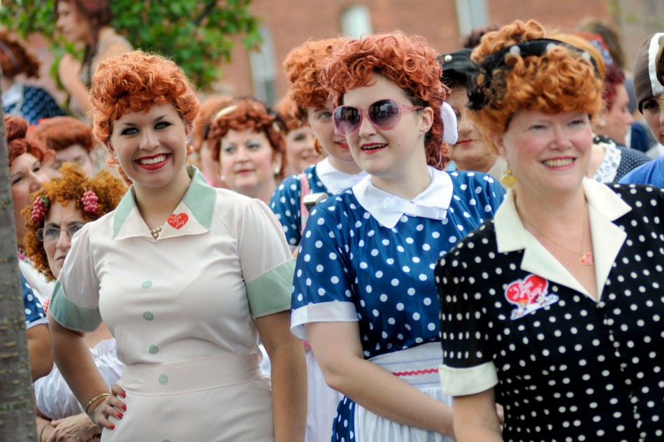 Women take part in an attempt to set a new Guinness world record for most Lucy Ricardo lookalikes assembled in one place, in Jamestown