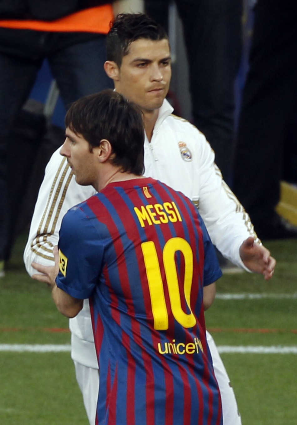 Barcelona039s Lionel Messi greets Real Madrid039s Ronaldo before their Spanish first division quotEl Clasicoquot soccer match