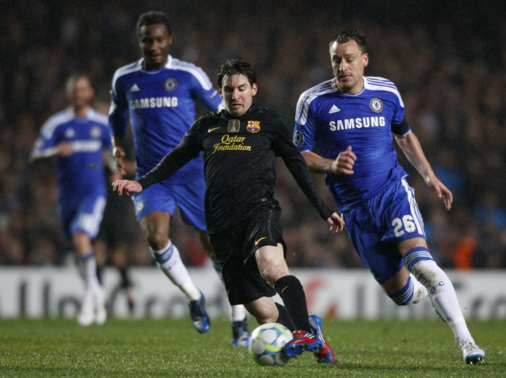 Chelsea players run after Lionel Messi
