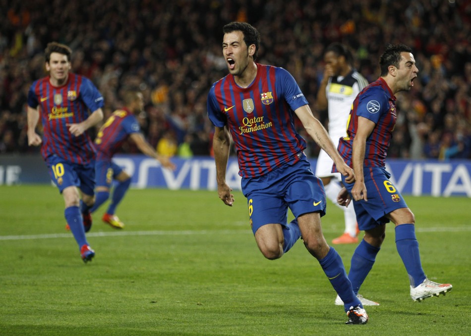 Barcelona039s Busquets celebrates after scoring against Chelsea during their Champions League soccer semi-final in Barcelona