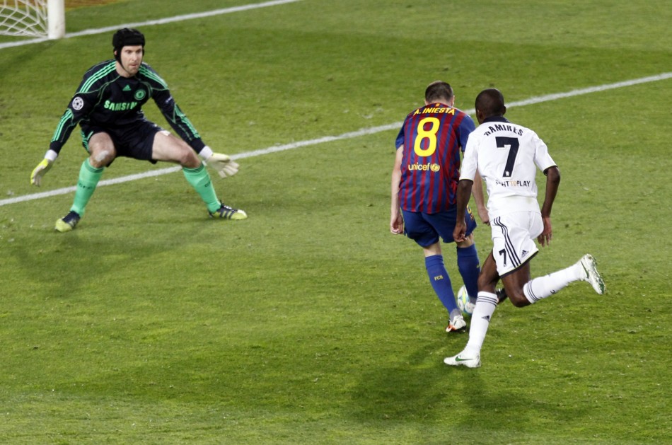 Barcelona039s Iniesta scores a goal past Chelsea039s Cech and Ramires during their Champions League soccer semi-final in Barcelona