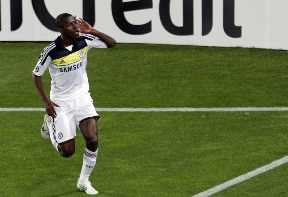 Chelsea039s Ramires celebrates after scoring goal against Barcelona during their Champions League soccer semi-final in Barcelona