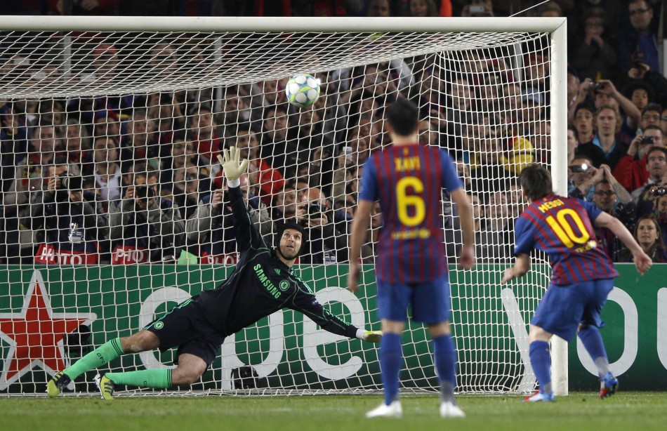 Barcelona039s Lionel Messi takes a penalty kick and fails to score during their Champions League semi-final second leg soccer match against Chelsea at Camp Nou stadium in Barcelona