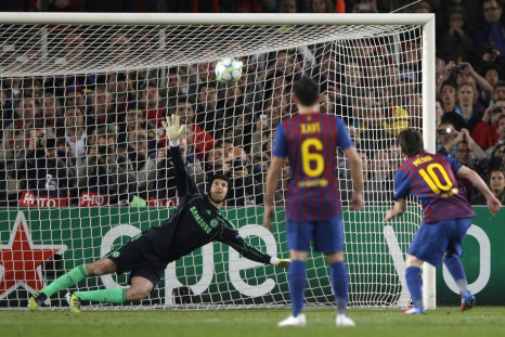 Barcelona&#039;s Lionel Messi takes a penalty kick and fails to score during their Champions League semi-final second leg soccer match against Chelsea at Camp Nou stadium in Barcelona