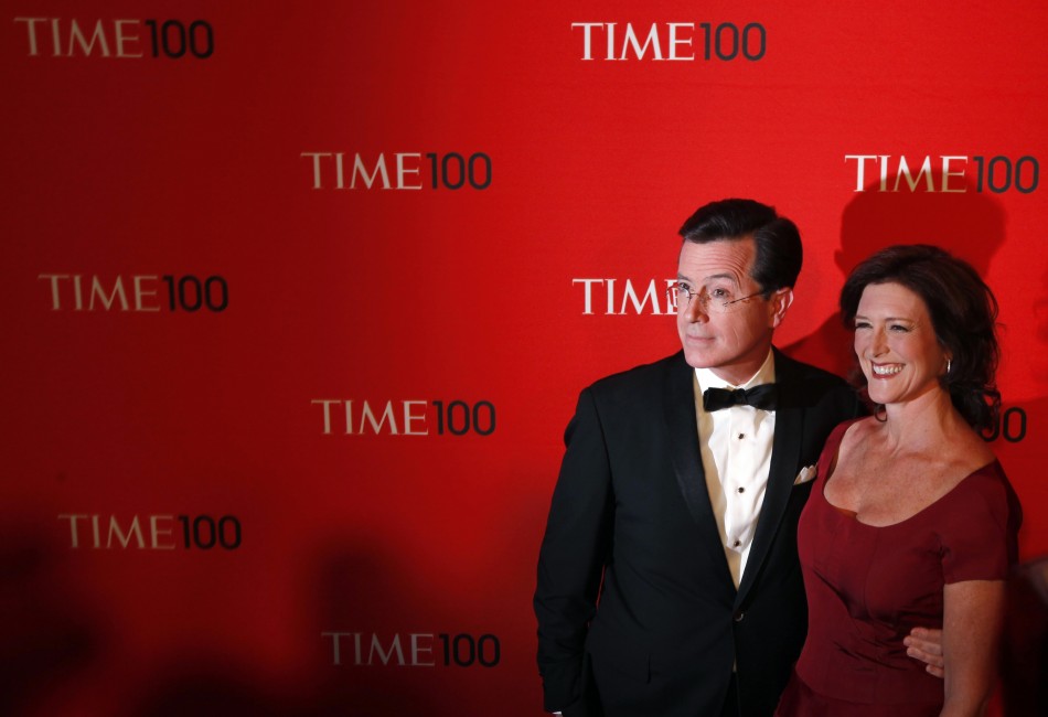 Comedian Stephen Colbert arrives with Evelyn McGee-Colbert to be honored at the Time 100 Gala in New York