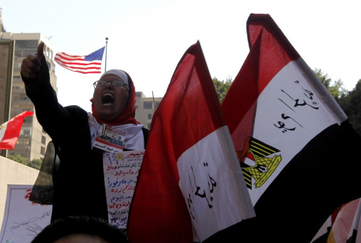 A woman takes part in a protest in Egypt