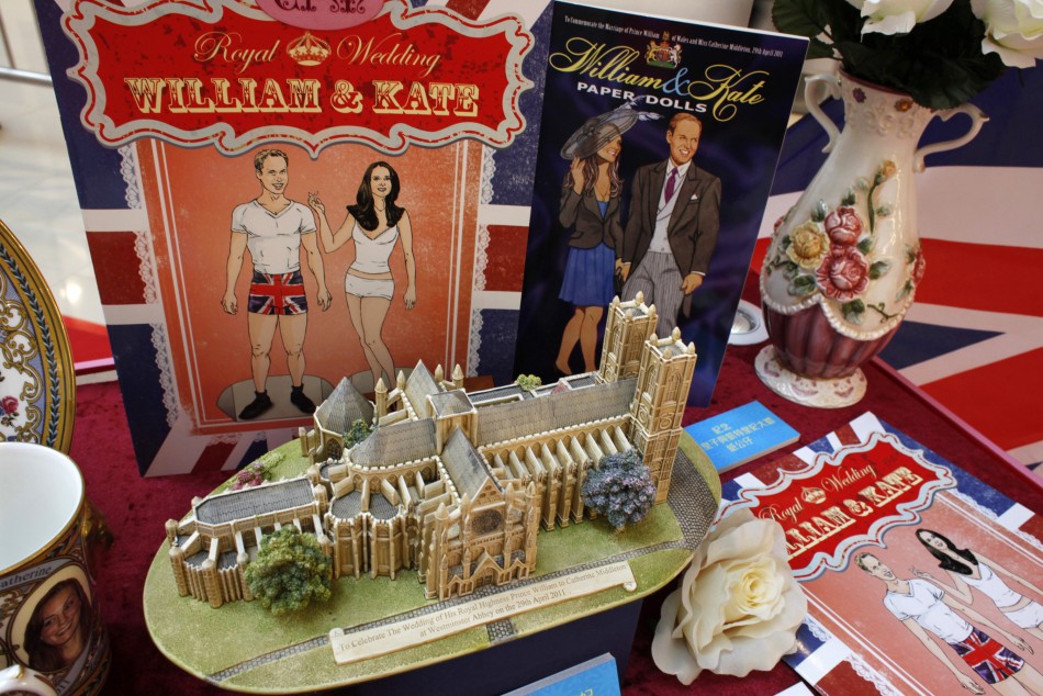 Various items are displayed at an exhibition on Royal Wedding souvenirs in Hong Kong
