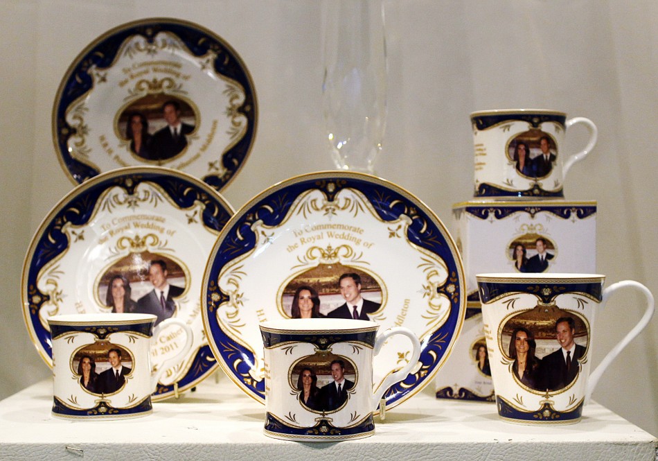 Royal wedding commemorative china are displayed in a shop window in central Sydney