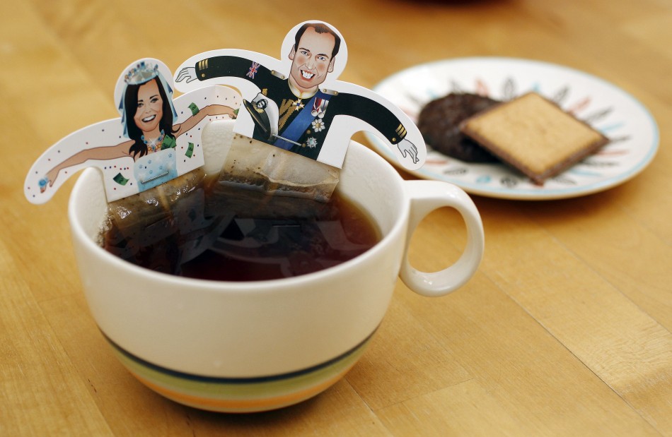 Souvenir teabags with depictions of Britains Prince William and Kate Middleton are seen in London