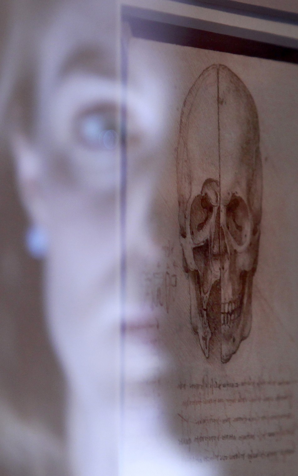 Employee Alice Ross reflection is illuminated as she poses with artist Leonardo da Vinci039s drawing quotA skull sectioned, 1489quot at the Queen039s Gallery at Buckingham Palace in London