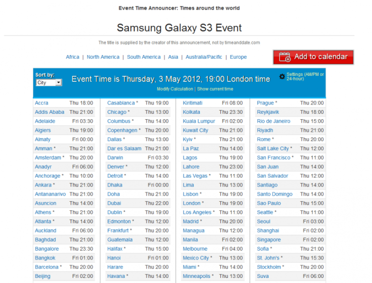 Galaxy S3 Launch Event Time Calendar