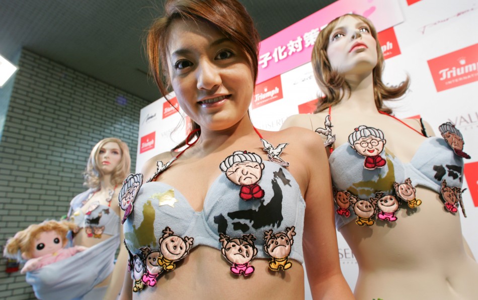 Model displays Triumph International Japans underwear campaigning to stop birth rate decline in Tokyo