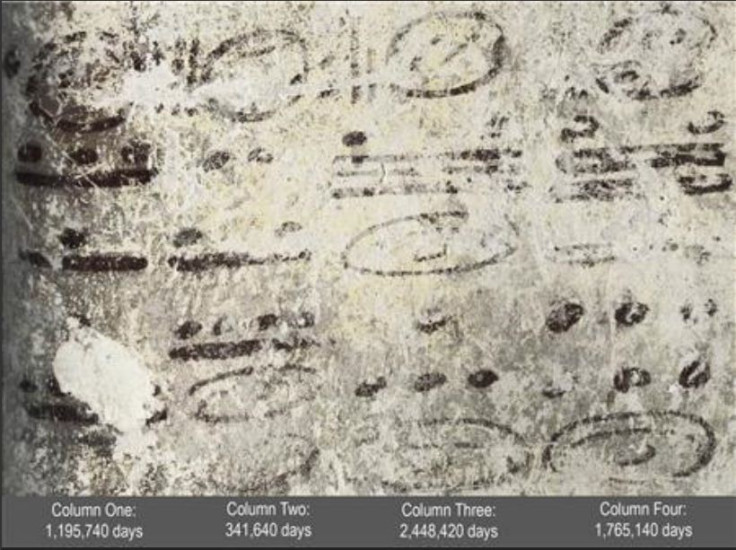 Four long numbers on the north wall of a ruined Mayan house relating to the Maya calendar and computations about the moon, sun and possibly Venus and Mars. REUTERS/William Saturno and David Stuart/National Geographic/Handout