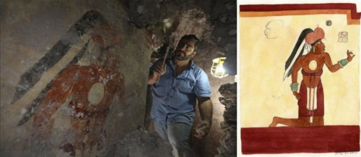 Archaeologist William Saturno of Boston University excavates a house in the ruins of the Maya city of Xultun. The orange male figure labeled as &quot;Younger Brother Obsidian&quot; on the wall (L) is shown in an artist's rendition (R). REUTERS/Tyrone Turn