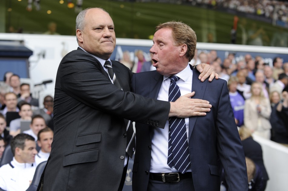 Fulham manager Martin Jol greets Tottenham Hotspur manager Harry Redknapp before their English Premier League match at White Hart Lane