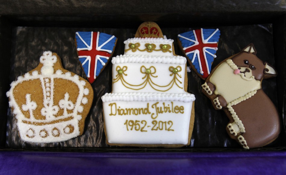 Biscuits created in celebration of Britains Queen Elizabeths Diamond Jubilee are displayed at Biscuiteers in London
