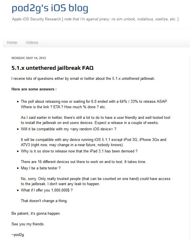 Pod2g Latest Jailbreak Update for iOS 5.1.1 Pod2g Latest Jailbreak Update for iOS 5.1.1