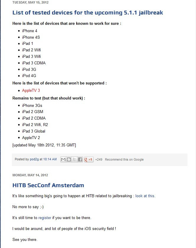 Pod2g - iOS 5.1.1 untethered jailbreak device list Pod2g - iOS 5.1.1 untethered jailbreak device list