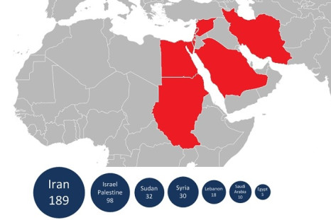 Flame malware map of middle east affected areas