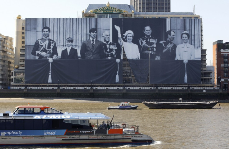 A giant canvas along the River Thames shows a photograph showing the Royal Family during the 1977 Silver Jubilee (Reuters)