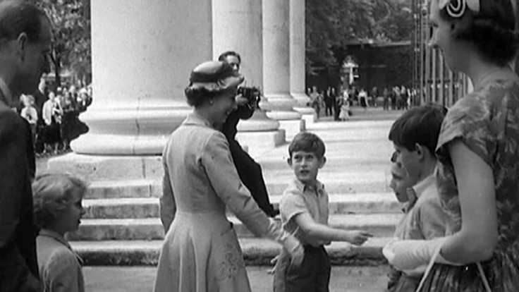 SOLE USE WITH THIS STORY ONLY. COPYRIGHT LAPSES 31.12.12 Prince Charles introduces his mother to his teachers and fellow students on sports day in 1957