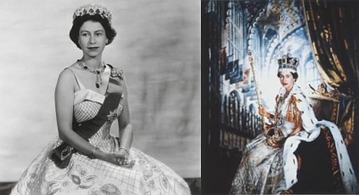 The Queen wearing Coronation robes, 1953 (R) and a Cullinan Pendant, 1956. (Photo: The Royal Collection)