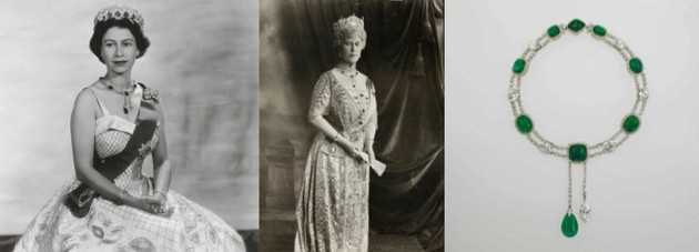 Delhi Durbar necklace of diamonds and emeralds with Cullinan pendant worn by The Queen in 1956 and by Queen Mary, 1927. (Photo: The Royal Collection) Delhi Durbar necklace of diamonds and emeralds with Cullinan pendant worn by The Queen in 1956 and by Queen Mary, 1927. (Photo: The Royal Collection)