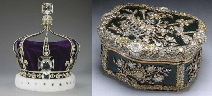 Diamond encrusted bloodstone box inherited by Frederick William III of Prussia and bought by Queen Mary in 1932 (R) and Cullinan Imperial State Crown (Photo: The Royal Collection)