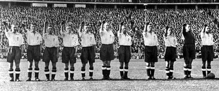 The England players giving a Nazi salute at the Berlin Olympic stadium in 1938 (Gnews)