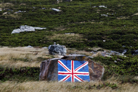 A rock with the Union Jack flag painted on it is seen near Port Stanley, Falkland Islands, March 11, 2012.