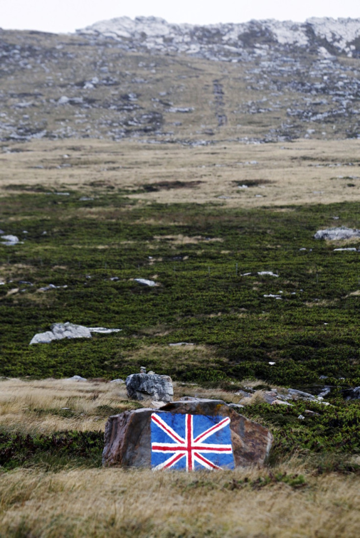 A rock with the Union Jack flag painted on it is seen near Port Stanley, Falkland Islands, March 11, 2012.