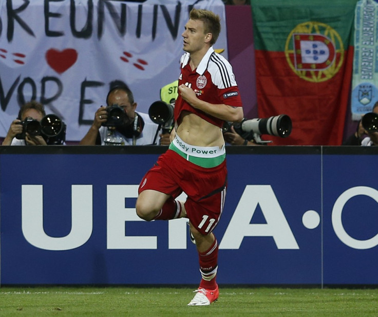 Nicklas Bendtner displays the name of Irish bookmaking firm Paddy Power on the waistband of his underpants during their Group B Euro 2012 match against Portugal (Reuters)
