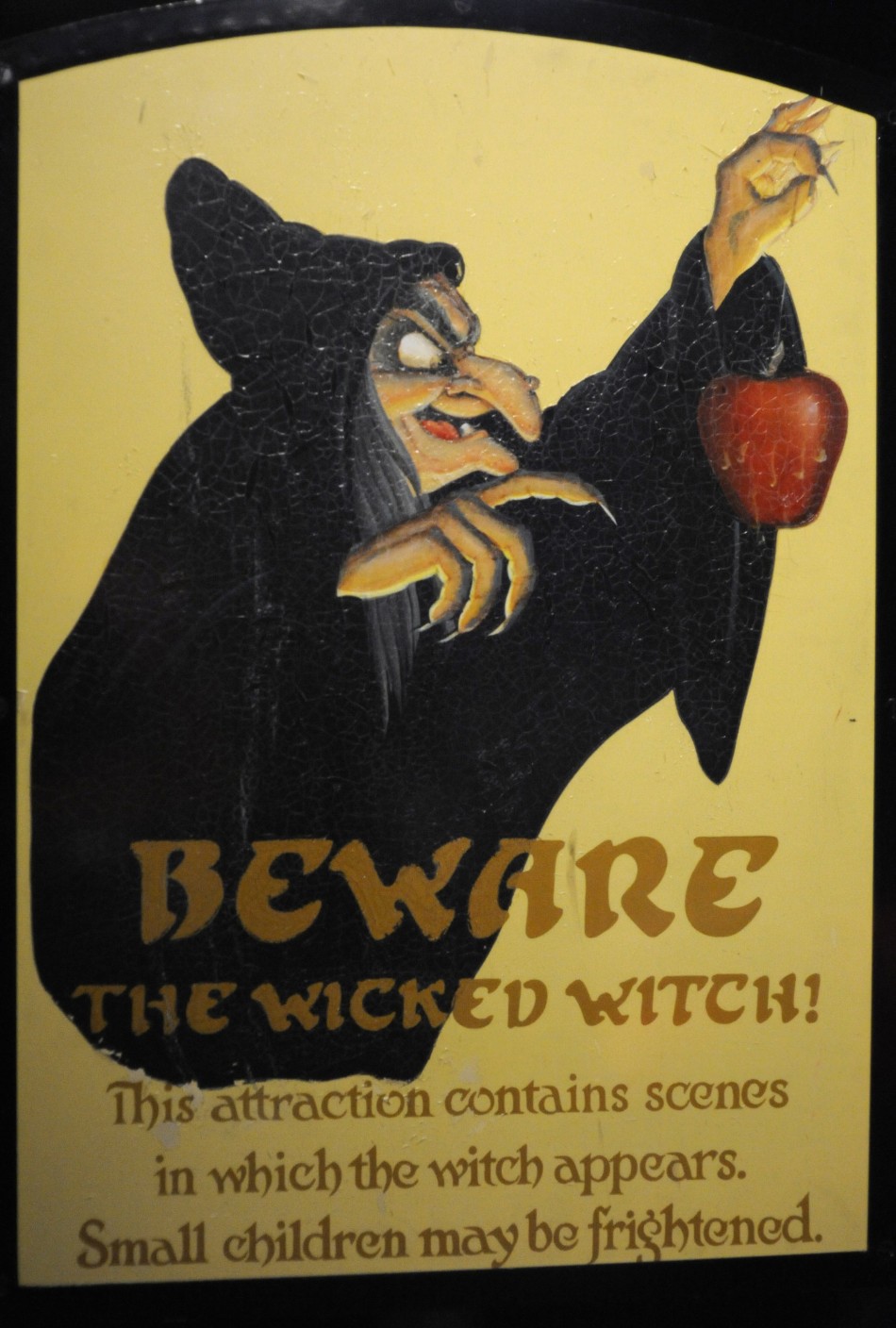 An attraction sign from quotSnow Whites Scary Adventuresquot is displayed at the D23 Presents Treasures of the Walt Disney Archives exhibit in California