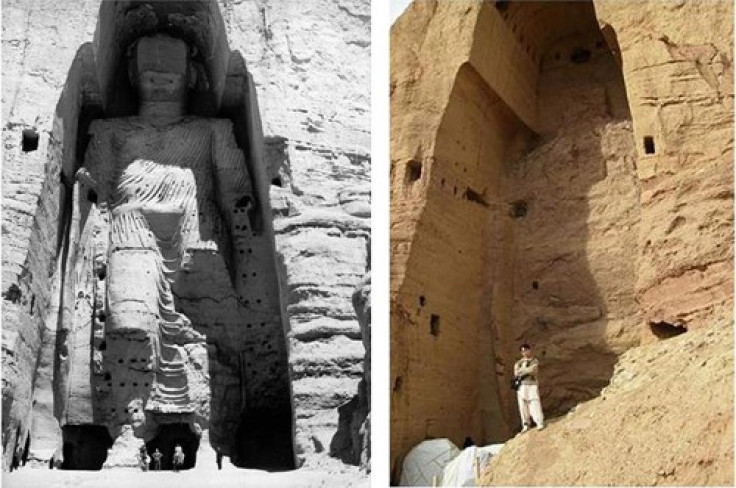 Two views of one of the Buddhas of Bamiyan in Afghanistan.