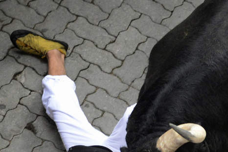 A runner is dragged by his scarf by a Dolores Aguirre fighting bull at the entrance to the bullring during the first running of the bulls of the San Fermin festival in Pamplona