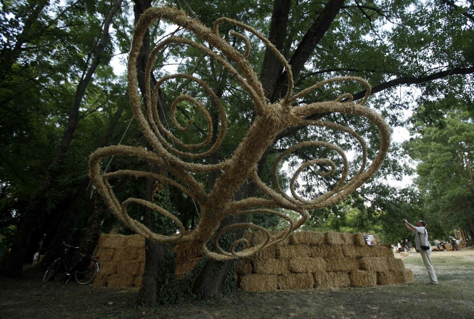 A straw art installation is displayed during the 7th Straw - Land Art Festival in Osijek