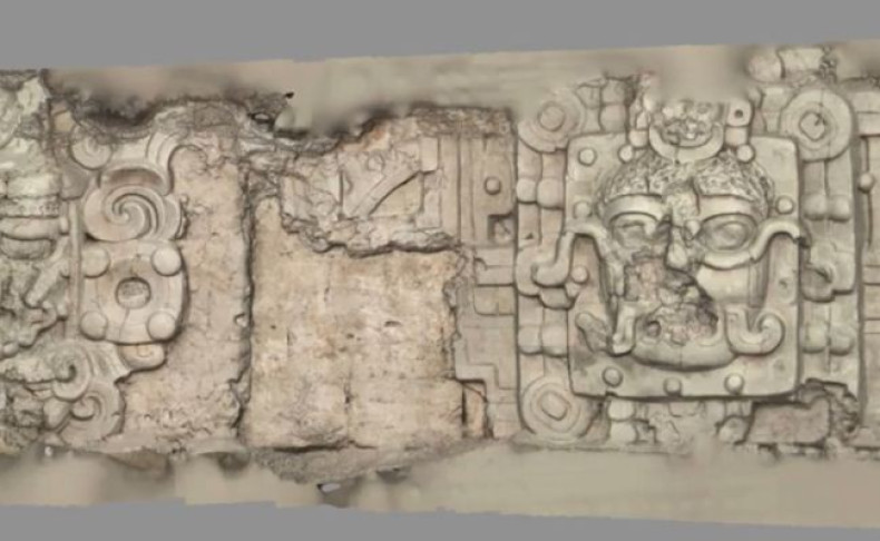 Screen shot of a video shows stucco masks, depicting several celestial beings, including the sun on the walls of the temple. (Photo: Brown University)