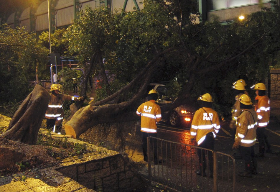 Emergency crews clear trees and debris from Hong Kong's Central district after Typhoon Vincente struck